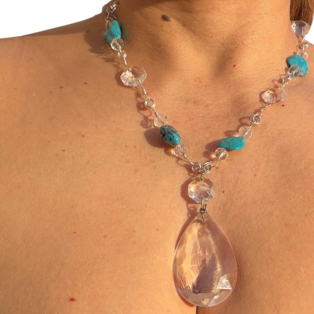Rescued Chandelier Crystals & Turquoise Necklace - Silver Plated & Hand Wrapped